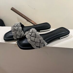 Black and Silver Rhinestone Braided Slide Sandals